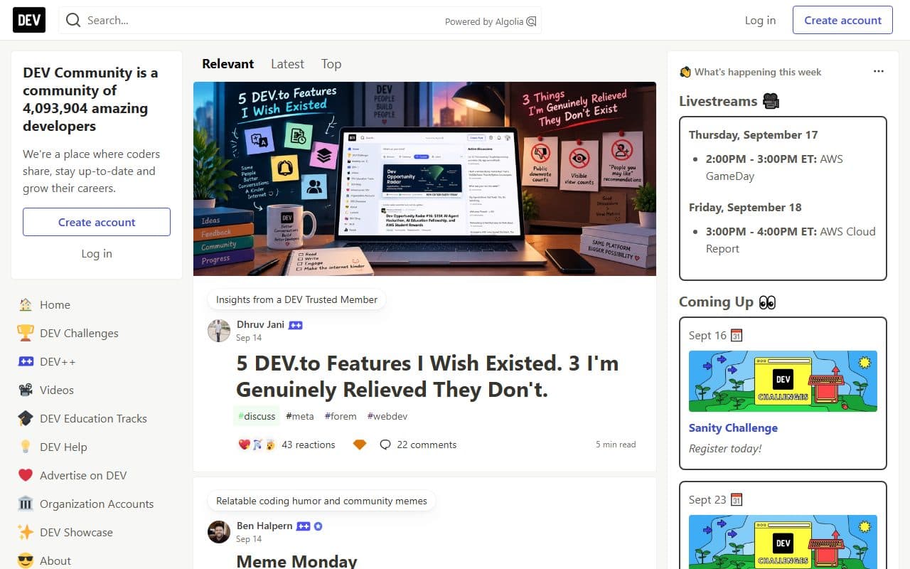 Live example of a community or forum website: DEV Community
