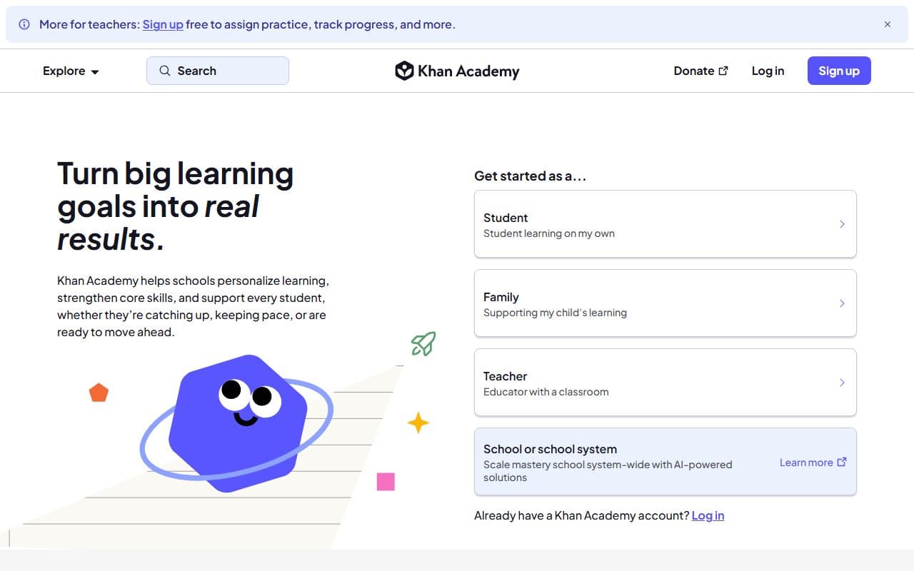 Live example of a educational website: Khan Academy