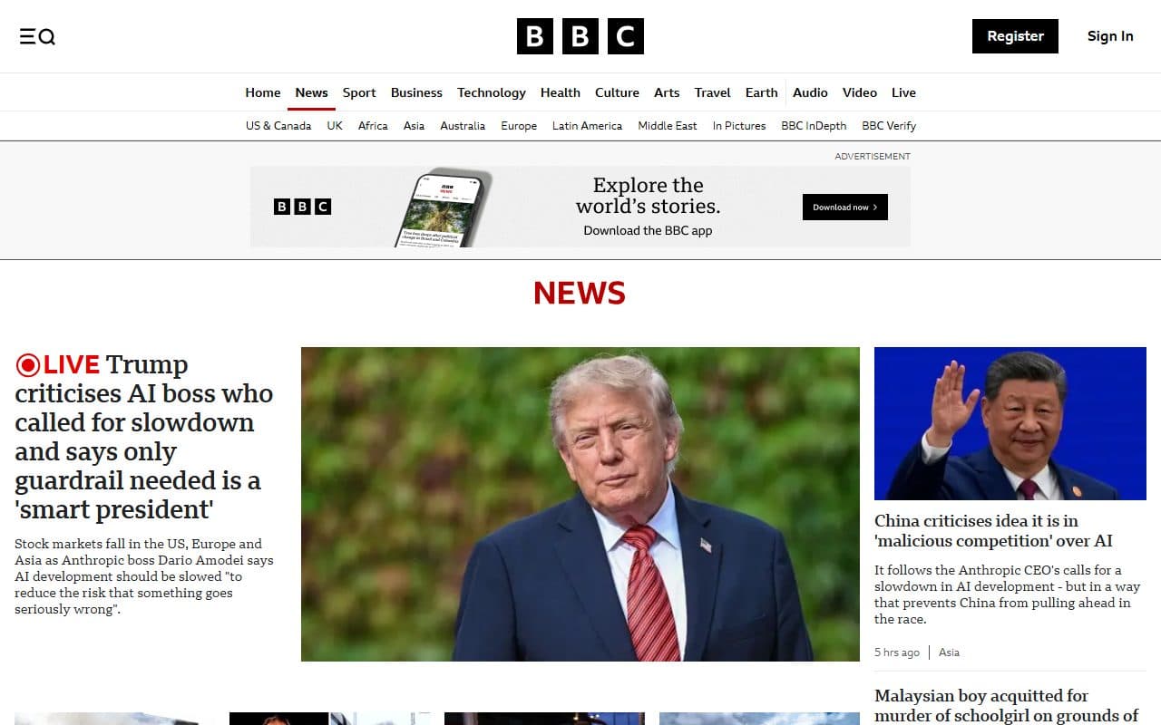 Live example of a news website: BBC News