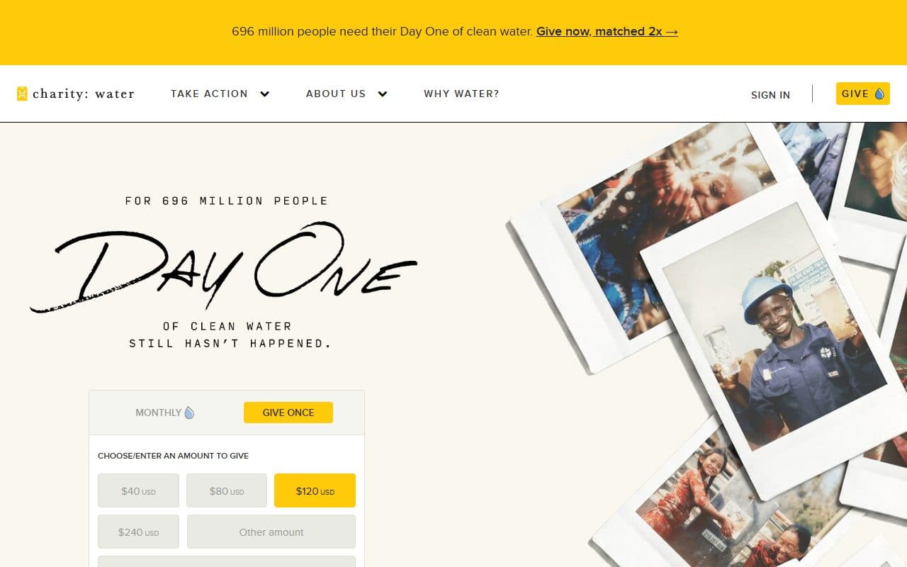 Live example of a nonprofit website: charity: water