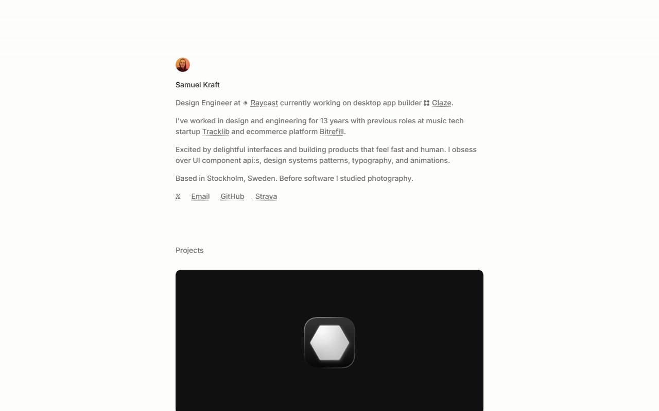 Live example of a personal website: Samuel Kraft